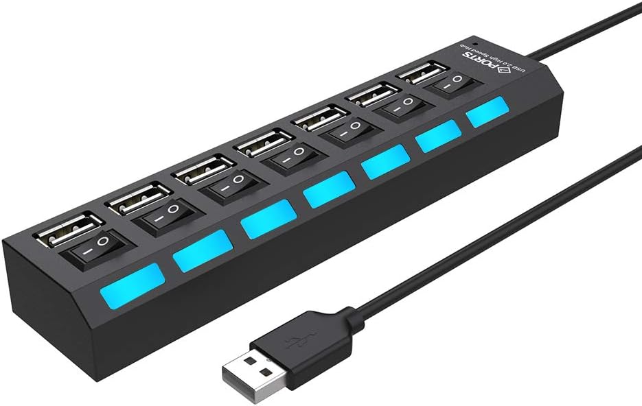 Multi Port Splitter, 7 Port USB 2.0 Hub, USB A Port Data Hub with Independent On/Off Switch and LED Indicators, Lights for Laptop, PC, Computer, Mobile HDD, Flash Drive and More (Black 2.0)