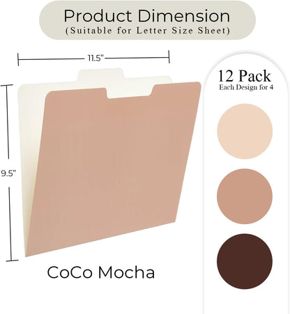 Y YOMA 12 Pack Colored File Folders Letter Size Gradient File Folder with 1/3-Cut Tab Cute Pretty Decorative Heavyweight Filing Folder File Organizers for Office School Home Desktop, Coco Mocha