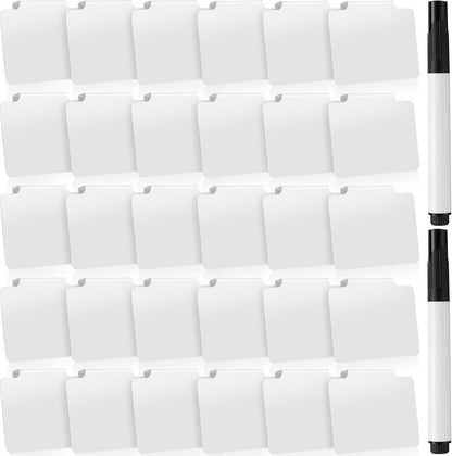 32 Pieces Basket Labels Clip Set, Include 30 Kitchen Clip Label Holder Removable PVC Bin with 2 Chalk Marker for Basket Pantry Organization Box (White Label Clip, Black Pen)