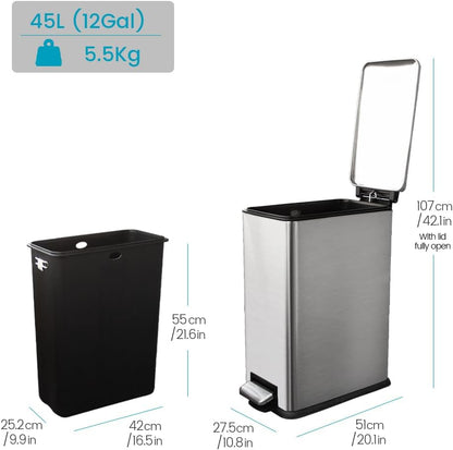 12 Gallon Slim Kitchen Trash Can, Metal Trash Can with Removal Inner Bucket and Soft-Close Lid, Foot Pedal, Stainless Steel Garbage Can 45 Liter, Silver