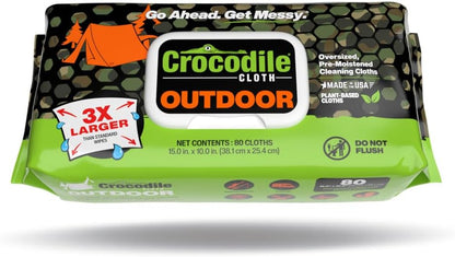 Crocodile Cloth Outdoor Cleaning Wipes – 80 Count Plant-Based Cloths (15"x10"), Skin Safe, Pre-Moistened, Aloe & Vitamin E Infused, Large, Absorbent, Multi-Surface Disposable Wipes