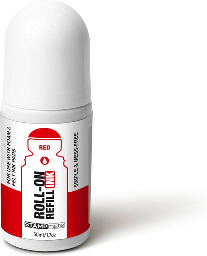 Roll-On Stamp Pad Ink Refill 50ml/1.7oz – Self Inking, Foam & Felt Pads – Easy-Use Roller Ball Applicator (RED)