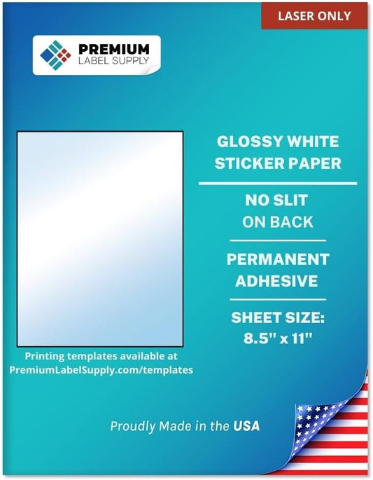 Premium Label Supply Glossy White Sticker Paper – 8.5" x 11" Full Sheet Labels – Laser Printers Only – 25 Sheets - Letter Size