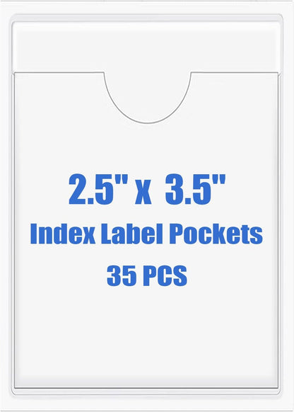 Origin-Joy 35 PCS Self Adhesive Index Card Pockets with Top Open, Clear Plastic Label Holder for Notes, Library and Business, Adhesive Label Pockets & Holder (2.5 x 3.5 inch)
