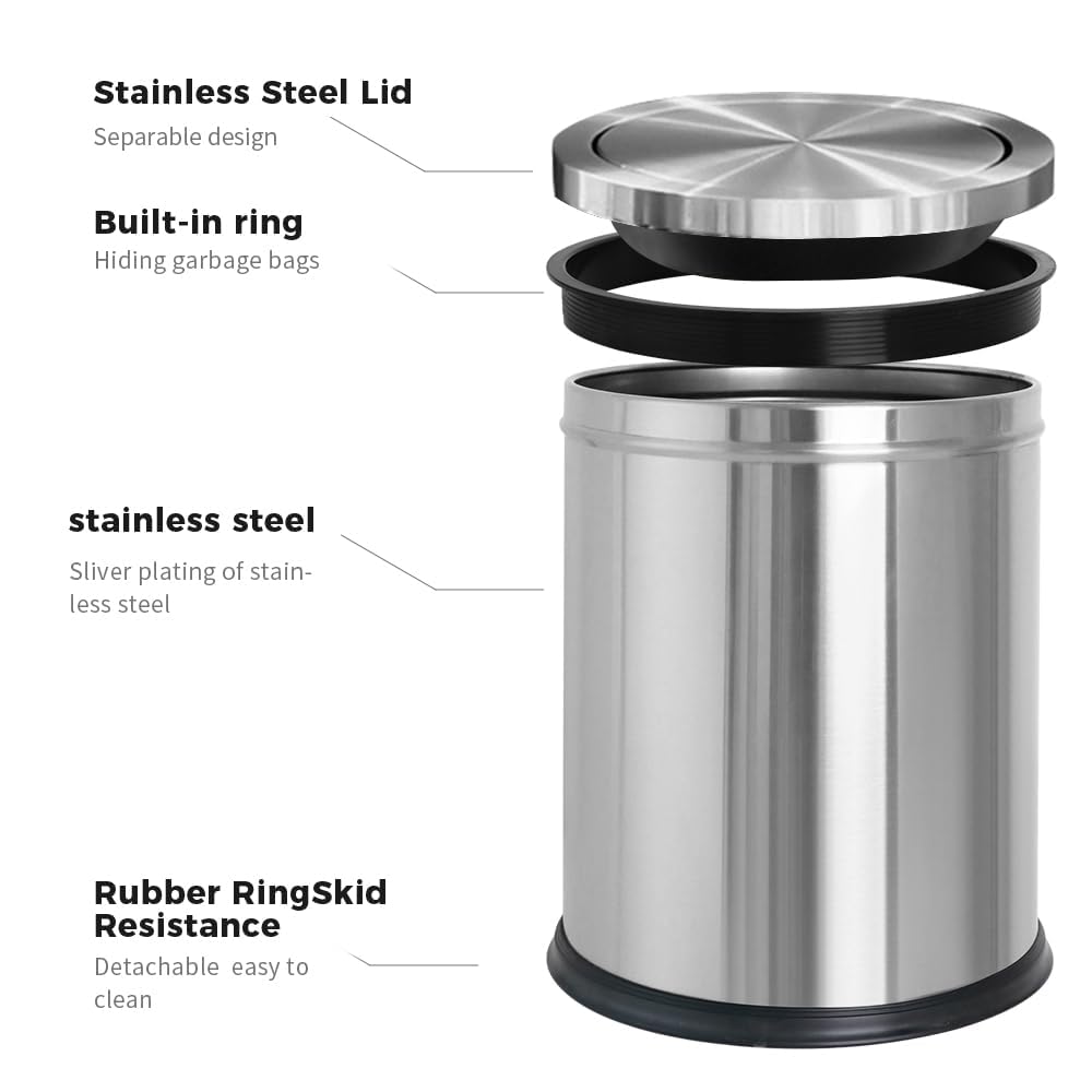 15L/4GAL Silver Stainless Steel Bathroom Garbage can, Bathroom Trash Can with Flipping Lid，Brushed Nickel Gaebage Can for Bedroom,Living Room,Office,Hotel,Shop,Restaurant (15L-Silver)