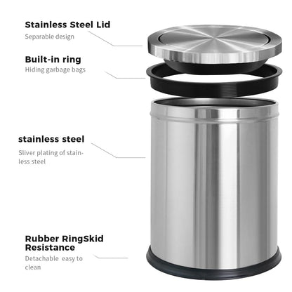 15L/4GAL Silver Stainless Steel Bathroom Garbage can, Bathroom Trash Can with Flipping Lid，Brushed Nickel Gaebage Can for Bedroom,Living Room,Office,Hotel,Shop,Restaurant (15L-Silver)