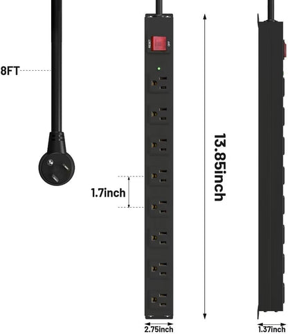 KF 8 Outlet Heavy Duty Power Strip Surge Protector, 2100J Surge Protection Black Power Strip, 15A/1875W Mountable Power Strips, 14AWG 6FT Extension Cord, Black(8FT-2100J)