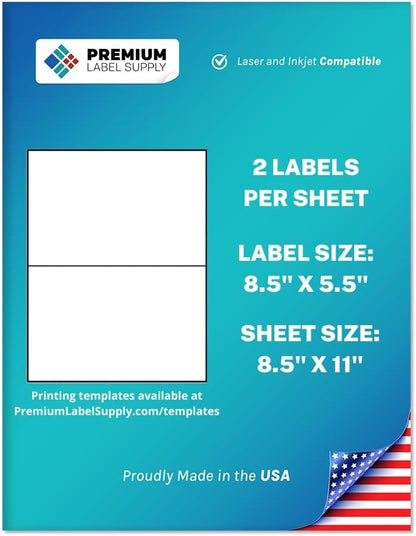 Premium Label Supply White Sticker Half Sheet Labels – 8.5" x 5.5" – Laser/Inkjet Compatible – (2 per Sheet), 1000 Sheets - 2000 Total Adhesive Labels