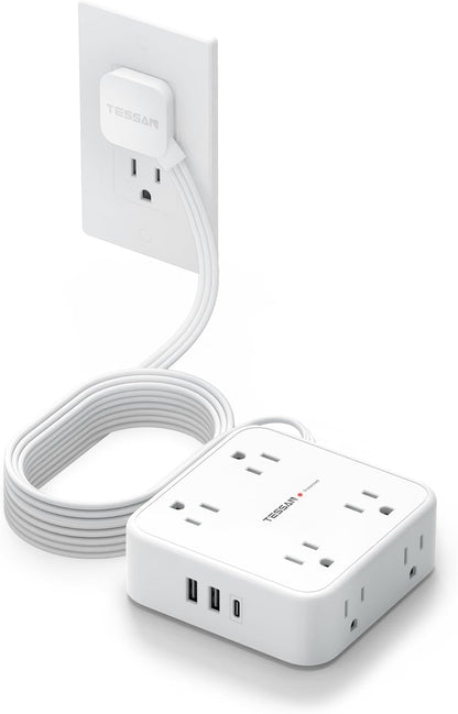 Extension Cord with Multiple Outlets, TESSAN 10 FT Surge Protector Power Strip Flat Plug, 8 AC Outlets, 900J 3 USB Ports (1 USB C), Desk Charging Station with Protection for Home, Office, Dorm Room