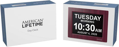 American Lifetime, Upgraded Version, Day Clock Extra Large Impaired Vision Digital Clock with Battery Backup and 5 Alarm Options, Premium Mahogany Color, 8 inch