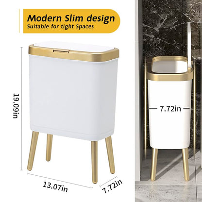 Procade 2Pack White Trash Can with Lid, Bathroom Trash Can with Gold Edge, Narrow Modern Garbage Can for Bedroom, Slim Plastic Trash Bin for Room,Kitchen, Living Room, Office,4 Gallon