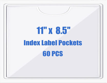 Origin-Joy 60 PCS Self Adhesive Index Card Pockets with Top Open, Clear Plastic Label Holder for Notes, Library and Business, Adhesive Label Pockets & Holder (11 x 8.5 inch)