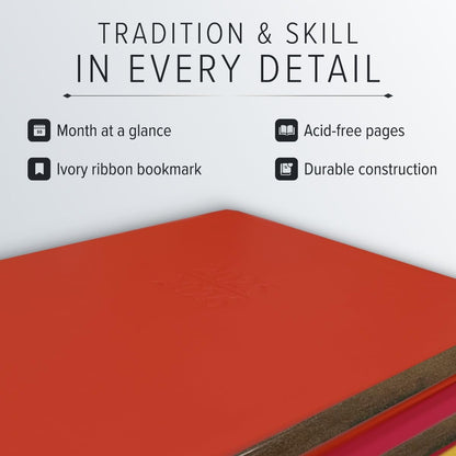 Gallery Leather Academic Planner 2025-2026, Teacher and Student Weekly Monthly Planner, Elegantly Bound Calendar with Gold-Gilded Page Edges, 18 Months - Caribbean Red - 9x7"