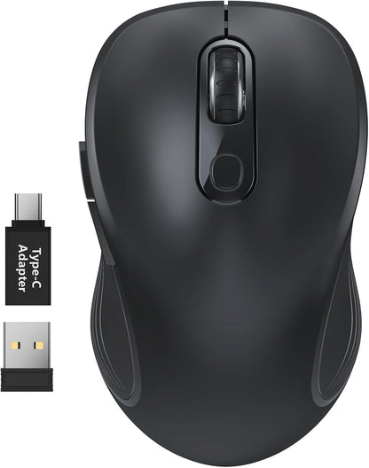 WisFox 2.4G Wireless Mouse for Laptop, Ergonomic Computer Mouse with USB Receiver and Type-C Adapter, 3 Adjustable Levels, 6 Button Cordless Wireless Mice for Windows Mac PC Notebook (Black)