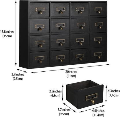 16 Drawers Apothecary Cabinet with Drawers Tabletop Apothecary Chests and Cabinets Library Card Catalog Cabinet Herb Storage Box Wooden Desk Drawer Organizer Medicine Vintage Furniture(BLACK)