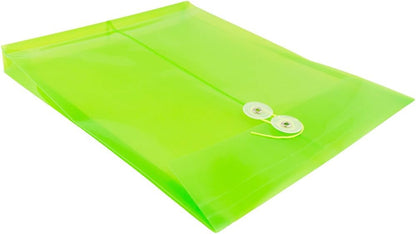 JAM PAPER Plastic Envelopes with Button & String Tie Closure - Letter Open End - 9 3/4 x 11 3/4 - Lime Green - 12/Pack