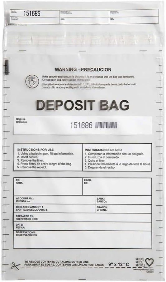 Clear Plastic Deposit Bags 9"x12" | Secure Bank Deposits, Cash Handling or Safe Currency Transportation | Sequential Barcodes | Tamper-Evident | Tear-Off Receipt for Security | 100-Pack
