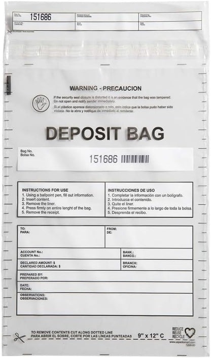Opaque Plastic Deposit Bags 9"x12" | Secure Bank Deposits, Cash Handling or Safe Currency Transportation | Sequential Barcodes | Tamper-Evident | Tear-Off Receipt for Security | 100-Pack