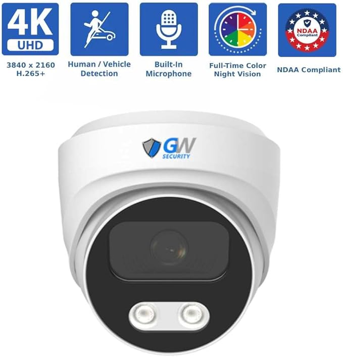 GW Security 8 Channel 12MP NVR 4K Security Camera System with 4 x 8MP PoE Spotlight Color Night Vision Outdoor/Indoor Microphone Turret Cameras, Smart AI Human/Vehicle Detection