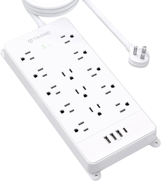 TROND Surge Protector Power Strip 10 ft Cord - Long Extension Cord, 4000J, 13 Widely Outlets with USB C Ports, Flat Plug, Wall Mount, 1875W, Home Gaming Dorm Room Essentials, ETL Listed, White