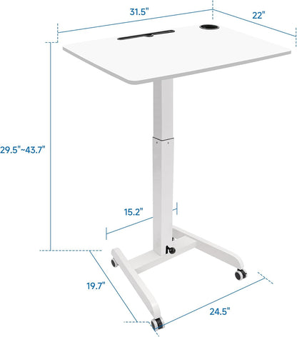 Rolling Laptop Desk Adjustable Height(29.5”- 43.7”)，Mobile Workstation Cart with 31.5" x 22.1"Desktop, Standing Desk Mobile Portable PC Table for Home,Office or Classroom in White