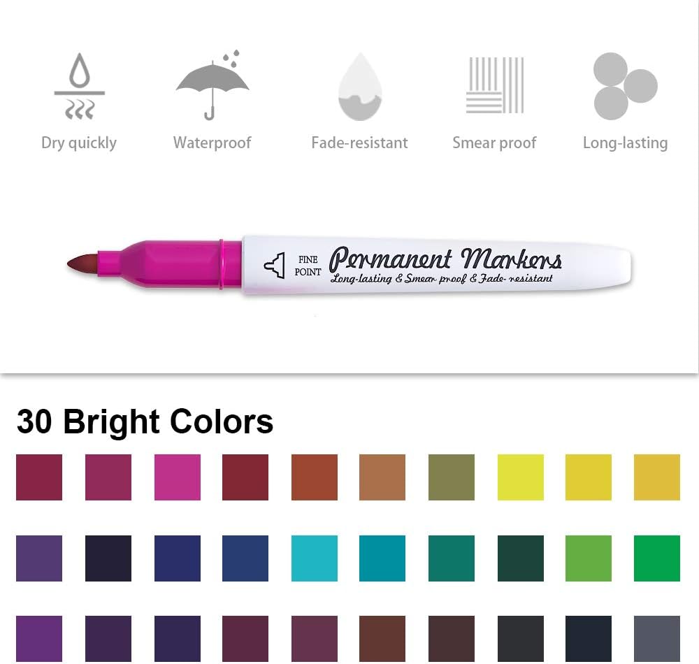 Lelix 30 Colors Permanent Markers, Fine Point, Assorted Colors, Works on Plastic,Wood,Stone,Metal and Glass for Kids Adult Coloring Doodling Marking