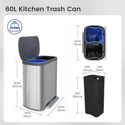 Kitchen Trash Can 16 Gallon, 2 x 30 Liters Trash and Recycle bin Combo, Dual Compartment & Soft Close Lid, Stainless Steel Trash Can, Fingerprint-Proof, 60L Pedal Recycling Bin