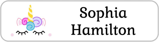 Name Bubbles - Custom Small Rectangle Name Labels for Kids (64 Labels) - Personalized Waterproof Name Stickers for Daycare, Lunch Boxes, Water Bottles, Shoes, School Supplies, & Camp (Unicorn)