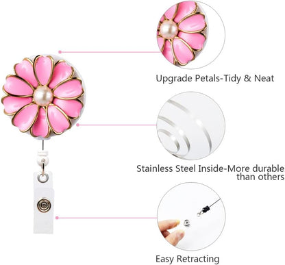 Retractable Badge Holder, ID Badge Reel with Pearl, 3 Pack (Pink)