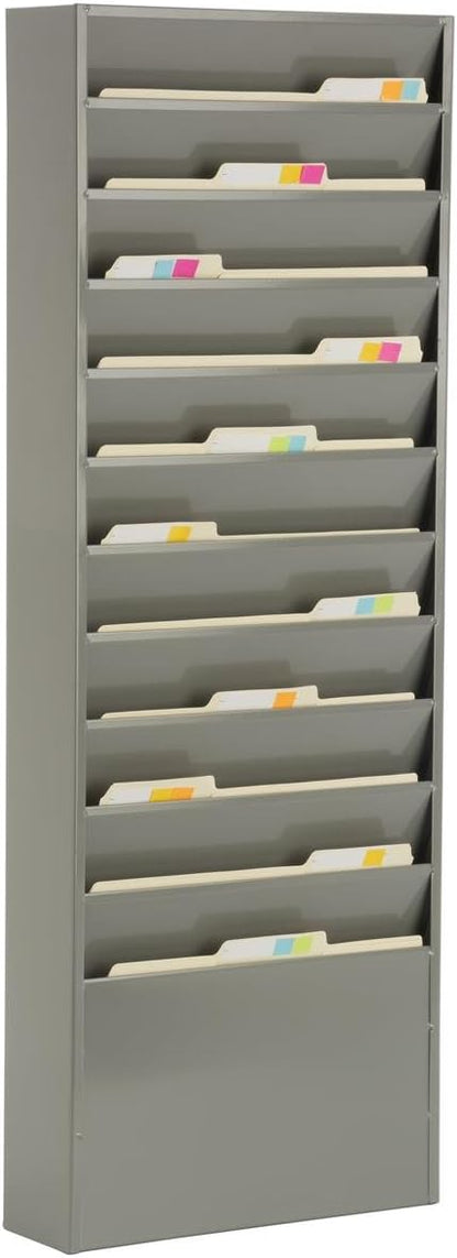 Displays2go Office File Folder Wall Rack, 11 Tiered Pockets, Medical Chart Folders (Gray Powder Coated Steel)