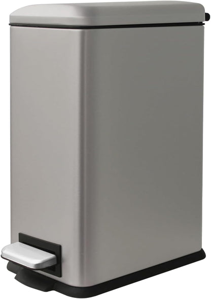 Grey Trash Can, 2.6 Gallon Bathroom Trash Can with Lid, Stainless Steel Garbage Can with Removable Liner, 10 Liter Rectangle Step Trash Bin for Office, Kitchen, Bedroom, Living Room, Dorm