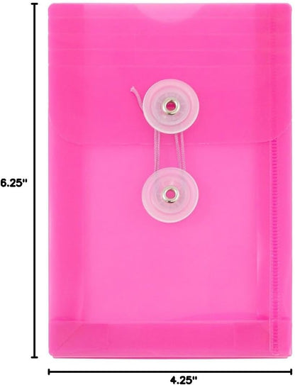 JAM PAPER Plastic Envelopes with Button & String Tie Closure - 4 1/4 x 6 1/4 - Fuchsia Pink - 12/Pack