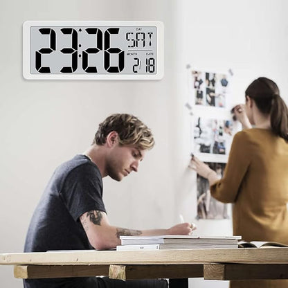 TXL 14.2" Large Digital Day Wall Clock, Custom 8 Languages Calendar, Count up-Down Timer and Temp Reminder, 12/24Hr Desktop Alarm Clock with Extra Large Display for Home Office Studio Hotel, White