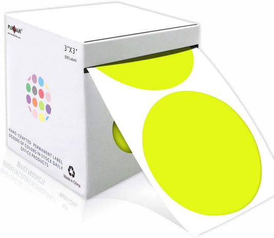 PARLAIM 3 Inch Round Permanent Adhesive Color-Code Dot Stickers,500 per Roll dots Label Dispenser Box,Inventory Circle Stickers (Fluorescent Yellow)