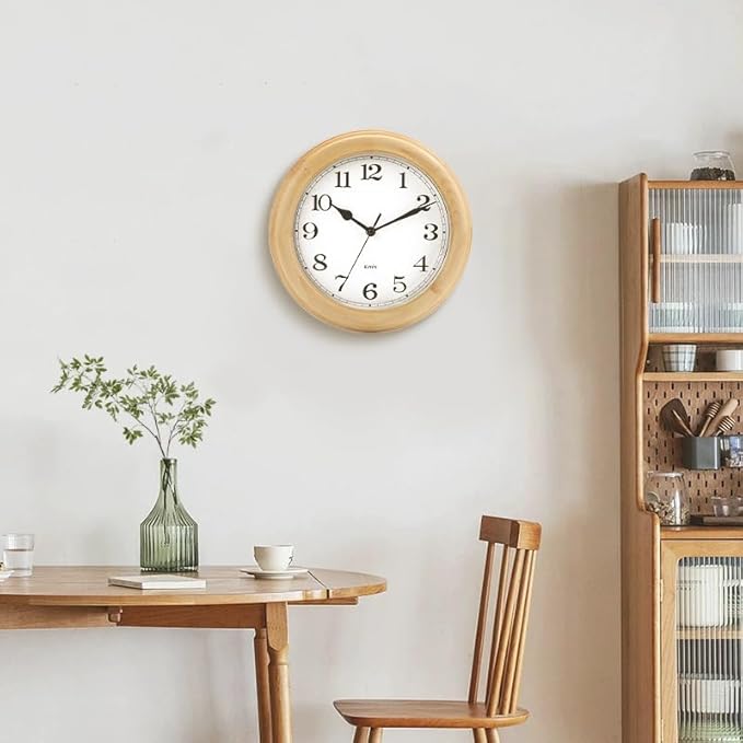 Kesin Wooden Analog Wall Clock, 11 inches Round Wall Clocks Battery Operated Silent Non-Ticking, Large Roman Numerals, Traditional Design for Kitchen Living Room Classroom Gym, Natural Grain
