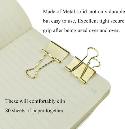 HAHIYO Binder Clips Paper Clamps Spring Steel Sturdy Medium 1.26 inches Width 0.39 Inch Capacity No Sharp Edges Heavy Duty Tight Grip Reusable Gold Metal Bright Finish for Home Office School 13 Pack