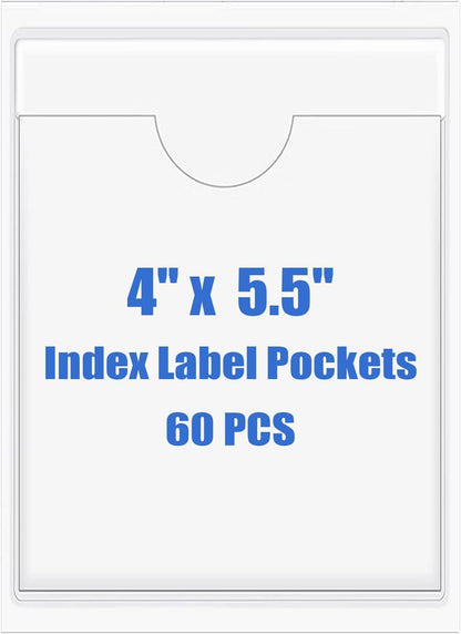 Origin-Joy 60 PCS Self Adhesive Index Card Pockets with Top Open, Clear Plastic Label Holder for Cards of Note, Library and Business, Adhesive Label Pockets & Card Holder (4 x 5.5 inch)
