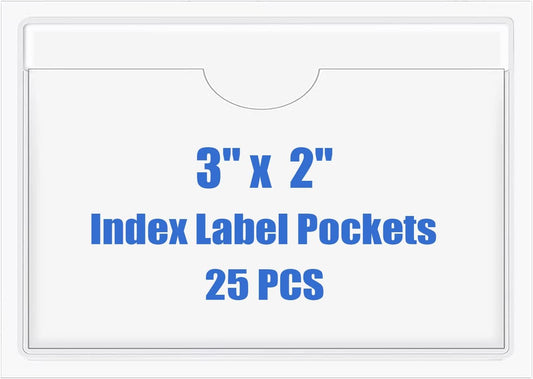 Origin-Joy 25 PCS Self-Adhesive Index Label Pockets, Clear Plastic Peel & Stick Card Holders with Top Open for Loading (3 x 2 inch)
