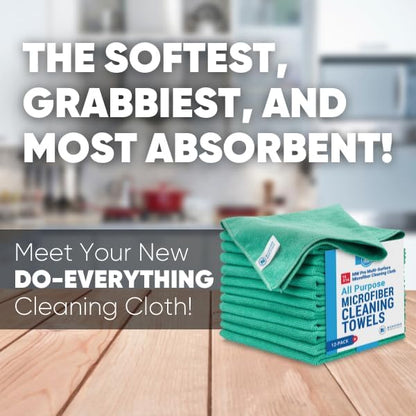 MW Pro Microfiber Cleaning Cloth | Green (12 Pack) | Size 16" x 16" | All Purpose Microfiber Towels - Clean, Dust, Polish, Scrub, Absorbent
