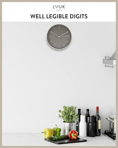 LUUK LIFESTYLE Wall Clock with Silent Movement, Minimalist Scandinavian Design, Gift for Moving-in, Arabic Numerals Easy to Read, Dark Grey and Silver