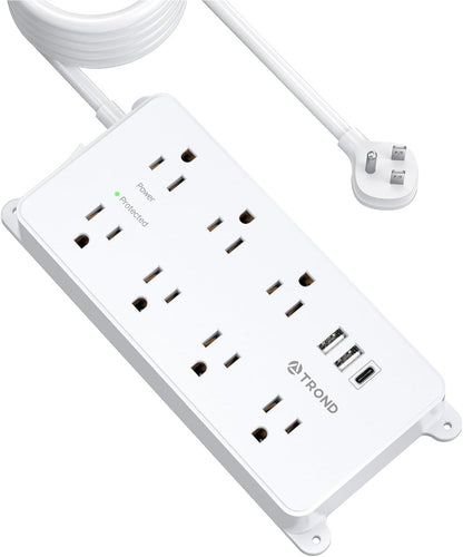 TROND Surge Protector Power Strip Flat Plug, 15ft Long Extension Cord, 7 Widely-Spaced Outlets with 2 USB-A & 1 USB-C, ETL Listed, 1700J, Wall Mountable, for Home Office Garage, White