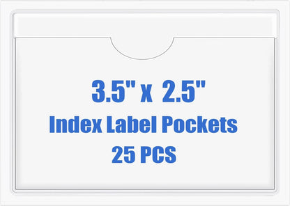 Origin-Joy 25 PCS Self-Adhesive Index Label Pockets, Clear Plastic Peel & Stick Card Holders with Top Open for Loading (3.5 x 2.5 inch)