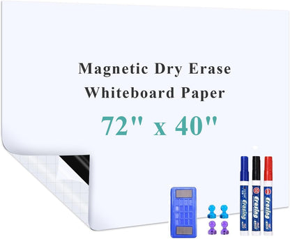 Magnetic Dry Erase Whiteboard Sheet, 72" x 40" Self Adhesive Whiteboard for Wall, Easy to Write and Clean Dry Erase Board for Kids, Office, Home, with Marker, Magnetic Eraser and Magnets
