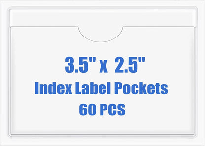 Origin-Joy 60 PCS Self Adhesive Index Card Pockets with Top Open, Clear Plastic Label Holder for Cards of Note, Library and Business, Adhesive Label Pockets & Card Holder (3.5 x 2.5 inch)