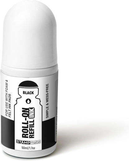 Roll-On Stamp Pad Ink Refill 50ml/1.7oz – Self Inking, Foam & Felt Pads – Easy-Use Roller Ball Applicator (Black)