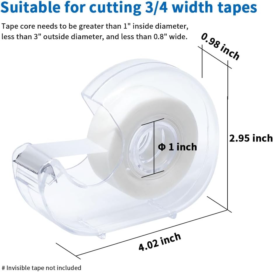Hand Use Desktop Tape Dispenser, Transparent Plastic Lightweight and Portable Refillable Dispenser for 3/4" Tape, 1 Pack