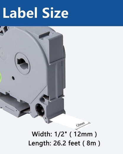 Tze TZ Tape 12mm 0.47 Laminated White Tape Compatible for Brother Label Maker Tape 12mm 1/2" Black on White Tape for Ptouch PT PTD200 PTD410 D210 D220 D610 P710BT PTH110, 5-Pack