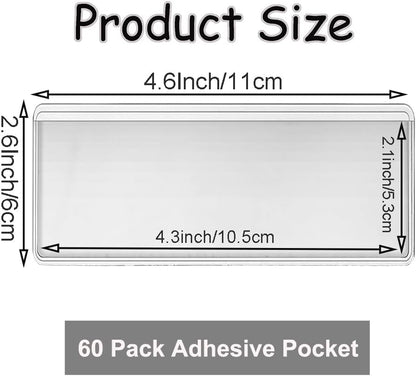 60 Pack Clear Self Adhesive Label Pockets, 4 x 2 Inch Label Holders Index Card Pockets Card Holder Shelf Label Holder for Organizing