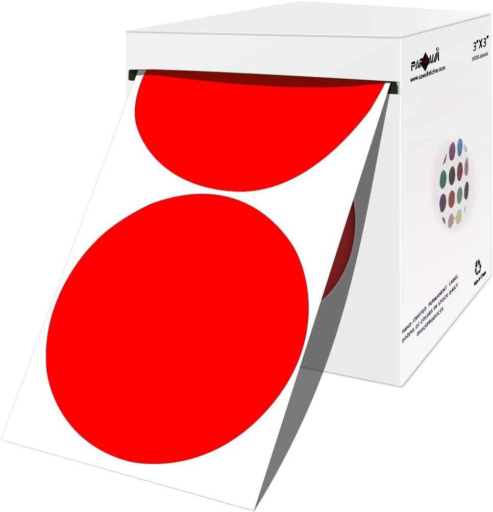 PARLAIM 3 Inch Round Color-Code Dot Stickers, 500 Color Coding Circle Labels per Roll Dispenser Box for Inventory, Red