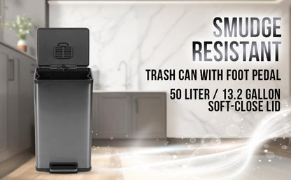 Simpli-Magic 13.2 Gallon (50L) Step Trash Can – Kitchen Garbage Can with Slow-Close Lid – Odor Control, Hands-Free, Easy to Clean, Brushed Stainless Steel